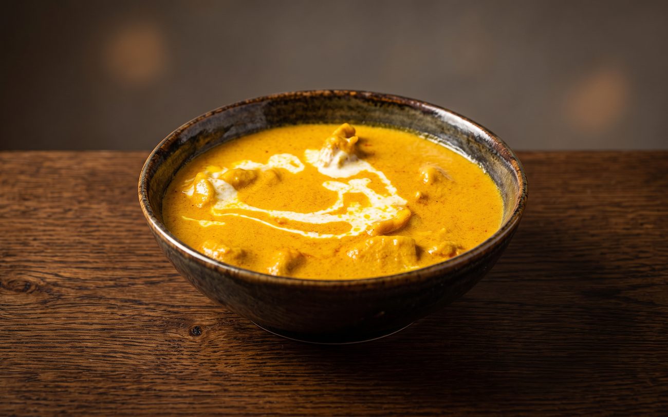 Chicken korma professionally restyled — ceramic bowl on an oak table