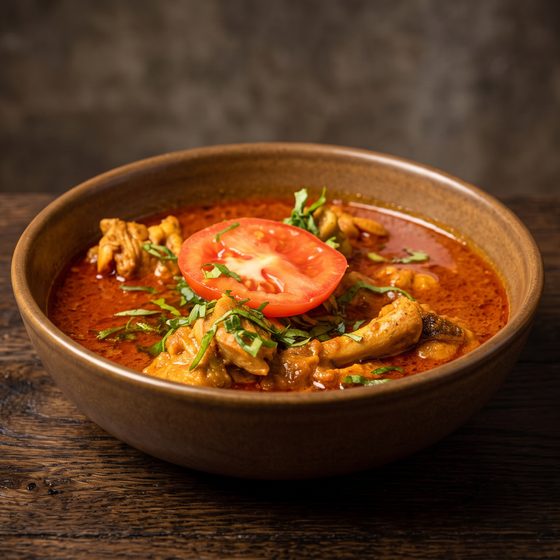 Haddi chicken on dark oak