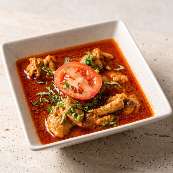 Haddi chicken on light travertine